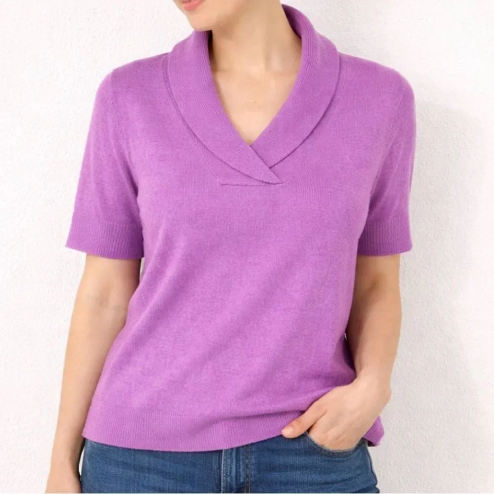 Coldwater Creek Sweater Womens Small / 8 Merino Wool Short Sleeve Shawl Collar
